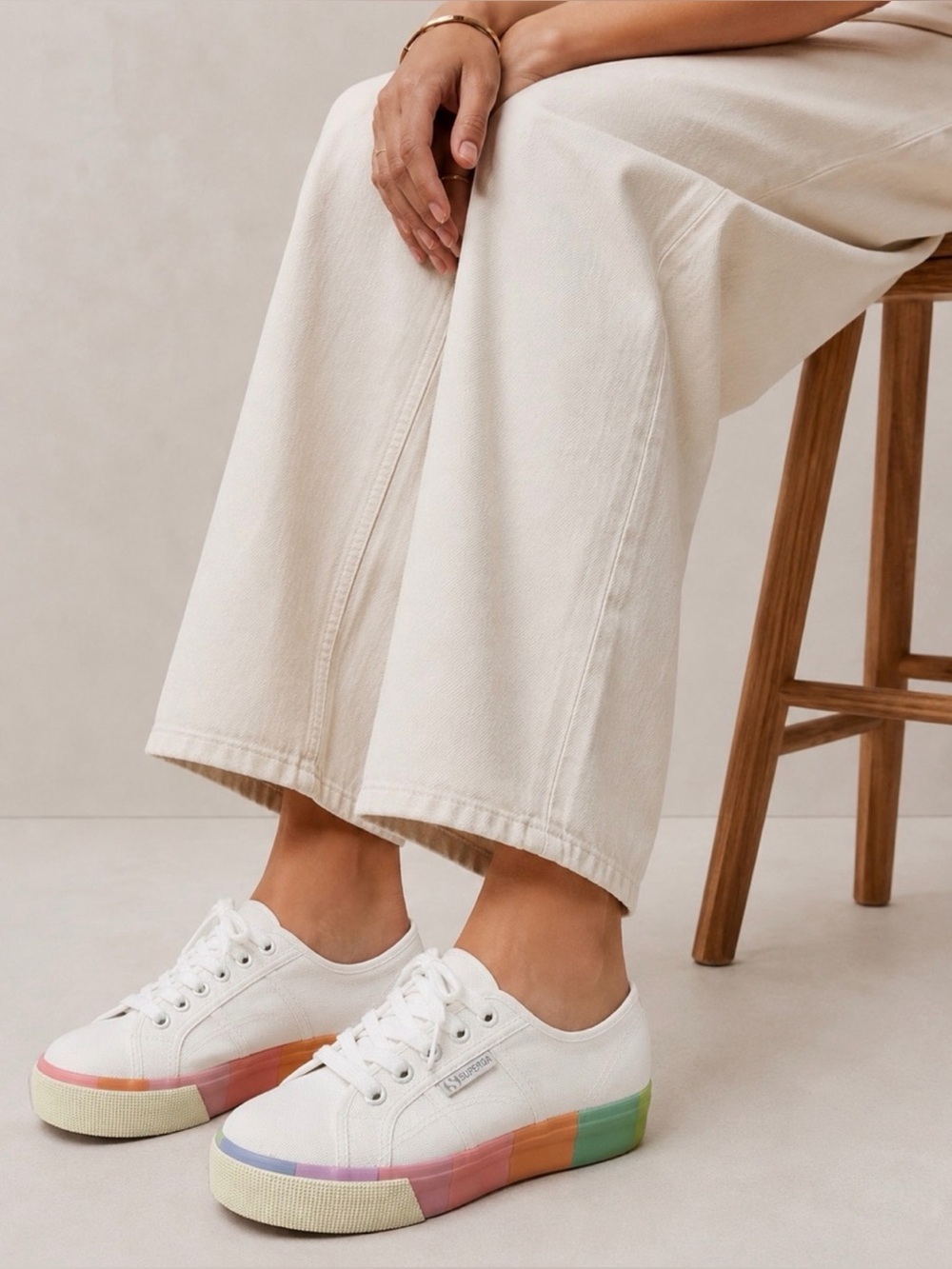 Superga White Canvas Platform Sneakers with Subtle Rainbow Trim